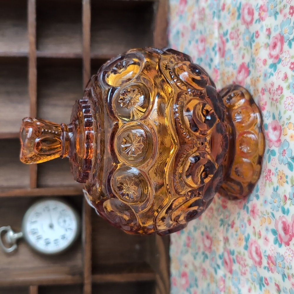 LE Smith Mini Compote Amber Glass Candy Dish Lidded Moon and Stars